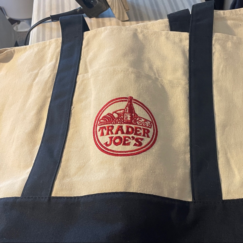 Trader Joe's Tan and Blue Tote Bag